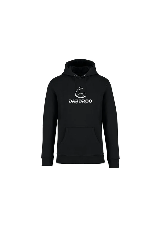Een foto van een zwarte Hoodie met een groot Dardroo logo erop
